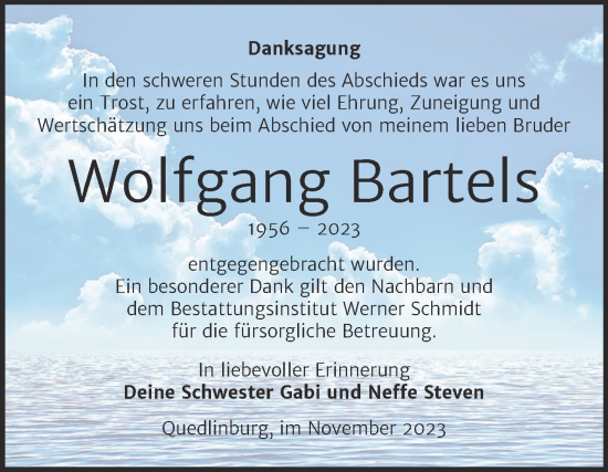 Traueranzeige von Wolfgang Bartels von Trauerkombi Quedlinburg