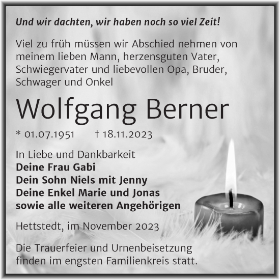 Traueranzeige von Wolfgang Berner von Trauerkombi Mansfelder Land