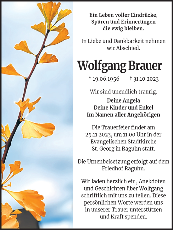 Traueranzeige von Wolfgang Brauer von Trauerkombi Bitterfeld