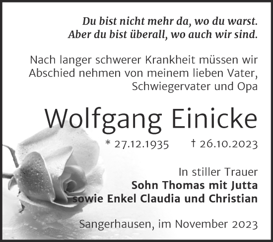 Traueranzeige von Wolfgang Einicke von Trauerkombi Sangerhausen