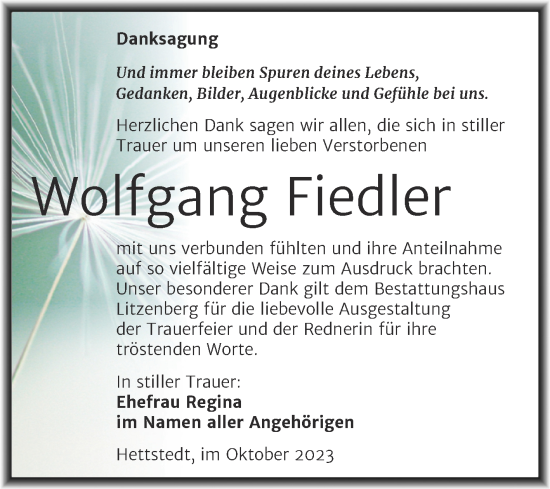 Traueranzeige von Wolfgang Fiedler von Trauerkombi Mansfelder Land