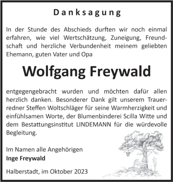 Traueranzeige von Wolfgang Freywald von Volksstimme Halberstadt