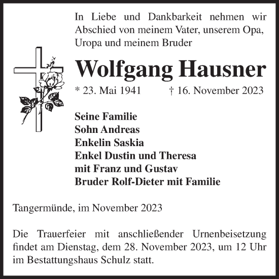 Traueranzeige von Wolfgang Hausner von Volksstimme Altmark Ost