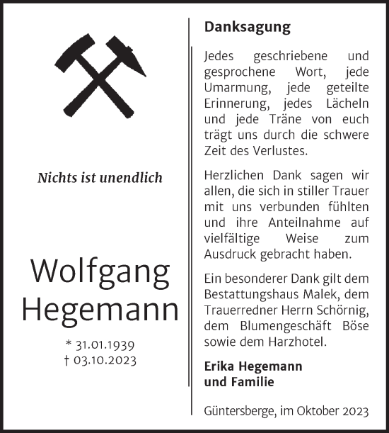 Traueranzeige von Wolfgang Hegemann von Trauerkombi Quedlinburg