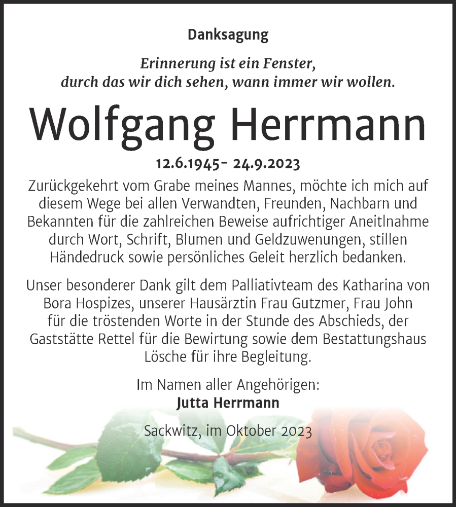  Traueranzeige für Wolfgang Herrmann vom 11.11.2023 aus Trauerkombi Wittenberg