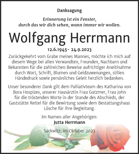 Traueranzeige von Wolfgang Herrmann von Trauerkombi Wittenberg
