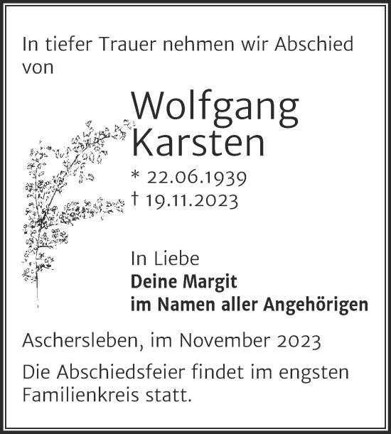 Traueranzeige von Wolfgang Karsten von Trauerkombi Aschersleben