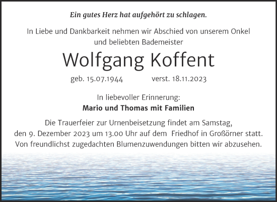 Traueranzeige von Wolfgang Koffent von Trauerkombi Mansfelder Land