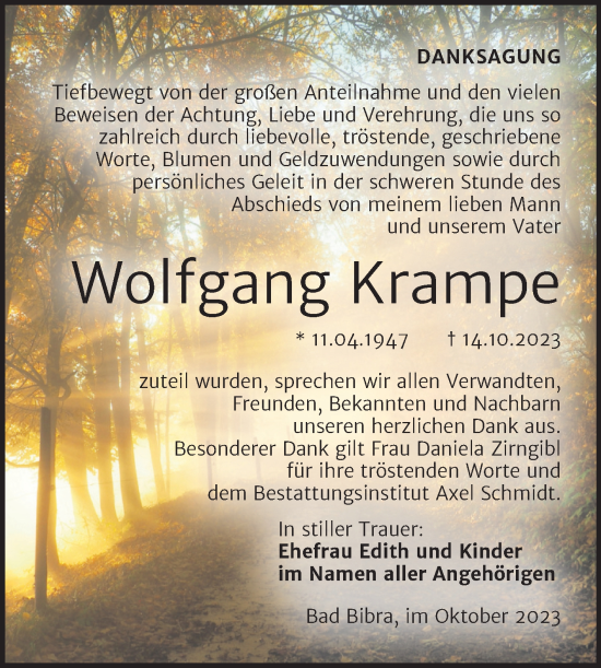 Traueranzeige von Wolfgang Krampe von Wochenspiegel Naumburg/Nebra