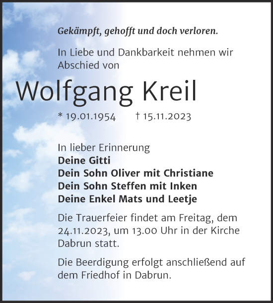 Traueranzeige von Wolfgang Kreil 