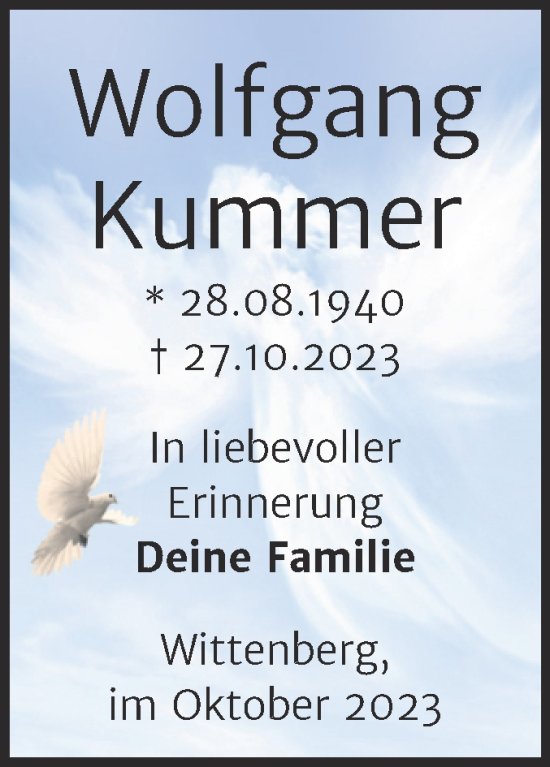 Traueranzeige von Wolfgang Kummer von Trauerkombi Wittenberg
