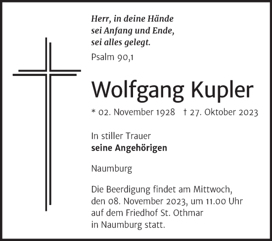 Traueranzeige von Wolfgang Kupler von Naumburger Tageblatt