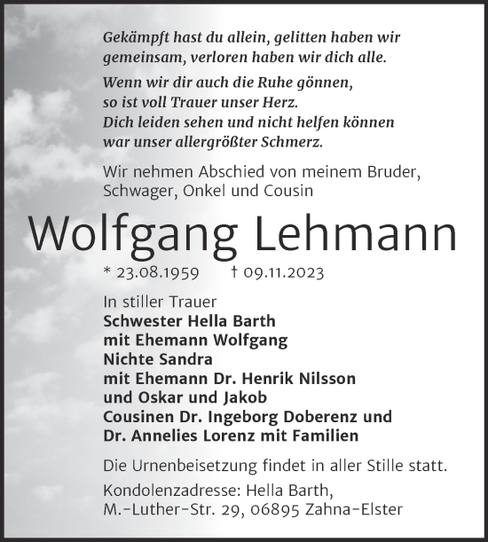 Traueranzeige von Wolfgang Lehmann von Trauerkombi Wittenberg