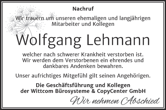 Traueranzeige von Wolfgang Lehmann von Super Sonntag Wittenberg