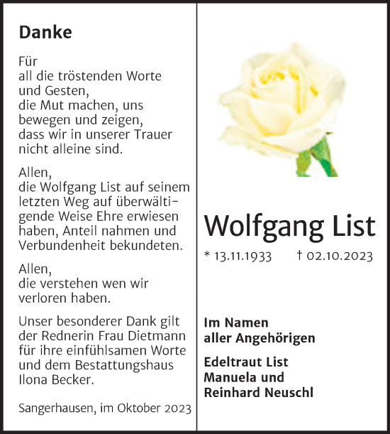 Traueranzeige von Wolfgang List von Trauerkombi Sangerhausen