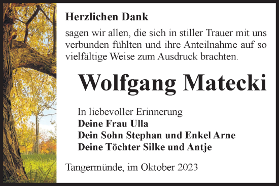 Traueranzeige von Wolfgang Matecki von Volksstimme Altmark Ost