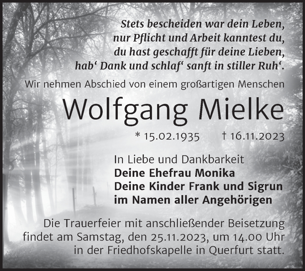  Traueranzeige für Wolfgang Mielke vom 22.11.2023 aus Mitteldeutsche Zeitung Merseburg/Querfurt