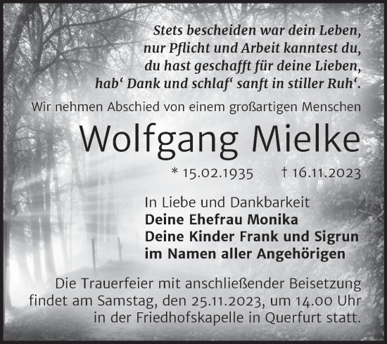 Traueranzeige von Wolfgang Mielke von Mitteldeutsche Zeitung Merseburg/Querfurt