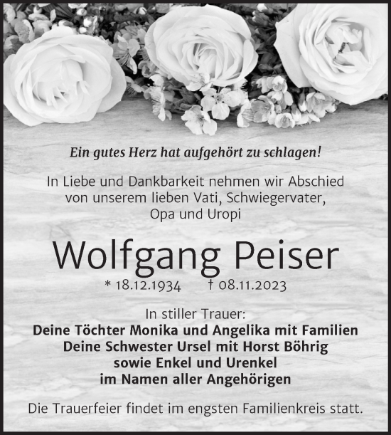 Traueranzeige von Wolfgang Peiser von Trauerkombi Bitterfeld