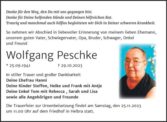 Traueranzeige von Wolfgang Peschke von Trauerkombi Mansfelder Land