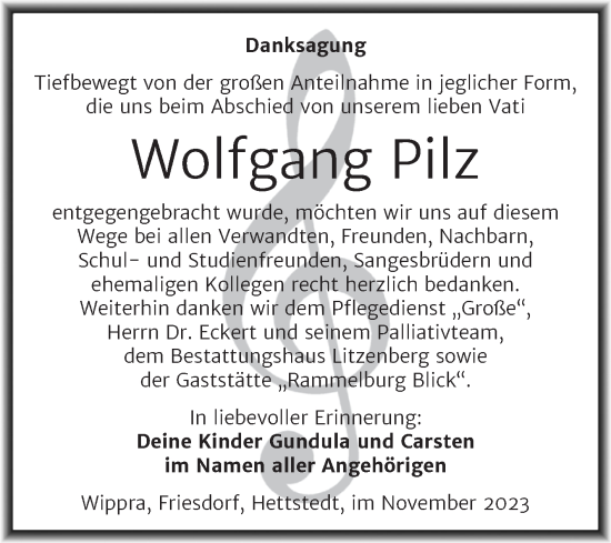Traueranzeige von Wolfgang Pilz von Trauerkombi Mansfelder Land