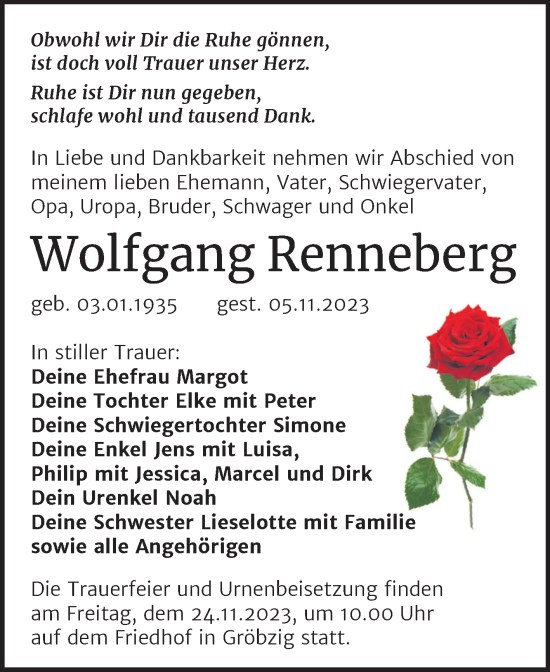 Traueranzeige von Wolfgang Renneberg von Trauerkombi Köthen