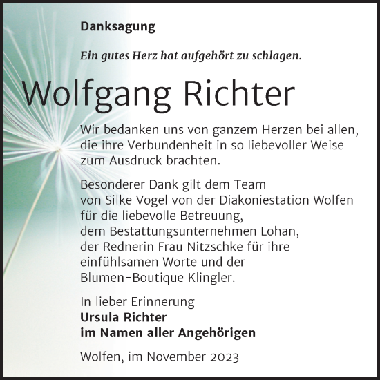 Traueranzeige von Wolfgang Richter von Trauerkombi Bitterfeld