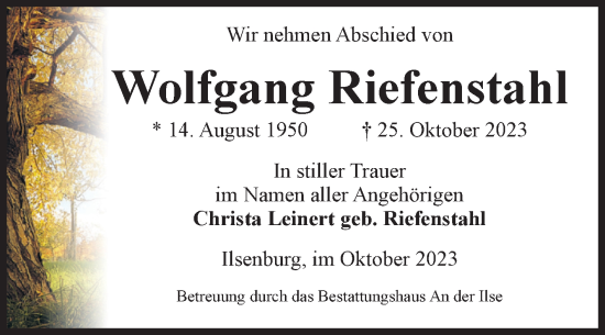 Traueranzeige von Wolfgang Riefenstahl von Volksstimme Wernigerode