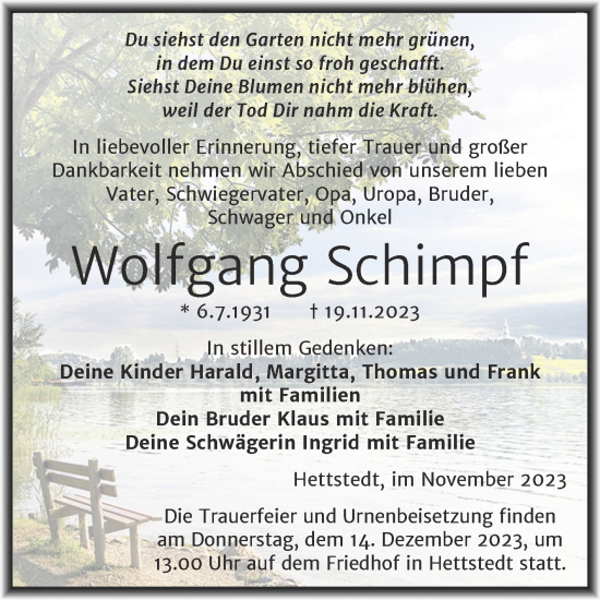 Traueranzeige von Wolfgang Schimpf von Trauerkombi Mansfelder Land