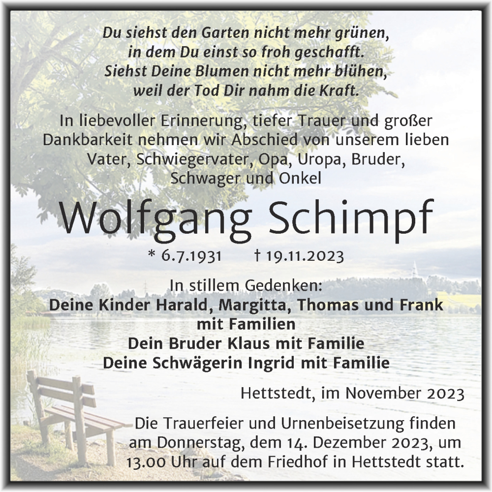  Traueranzeige für Wolfgang Schimpf vom 28.11.2023 aus Trauerkombi Mansfelder Land