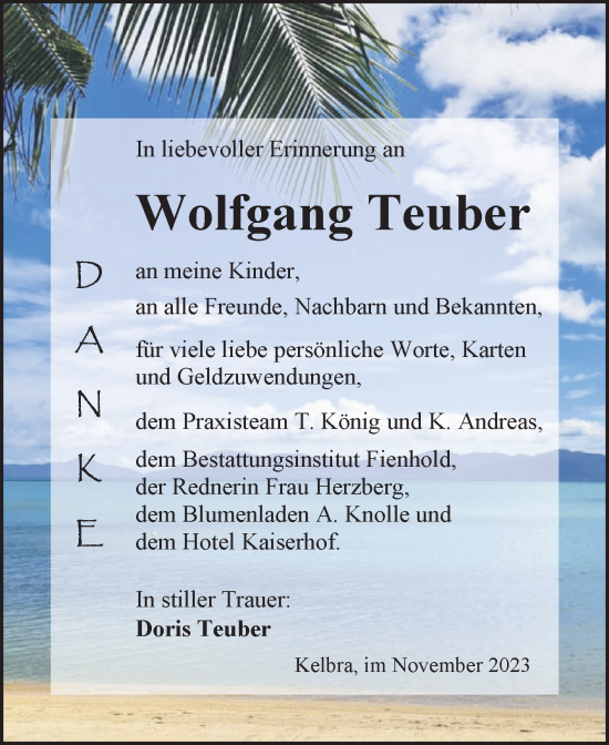 Traueranzeige von Wolfgang Teuber von Trauerkombi Sangerhausen