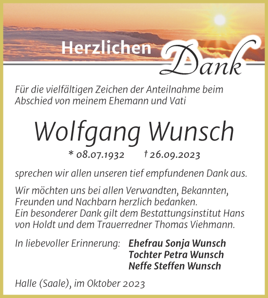 Traueranzeige von Wolfgang Wunsch von Mitteldeutsche Zeitung Halle/Saalkreis