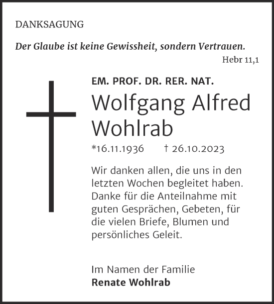 Traueranzeige von Wolfgang Alfred Wohlrab von Mitteldeutsche Zeitung Halle/Saalkreis