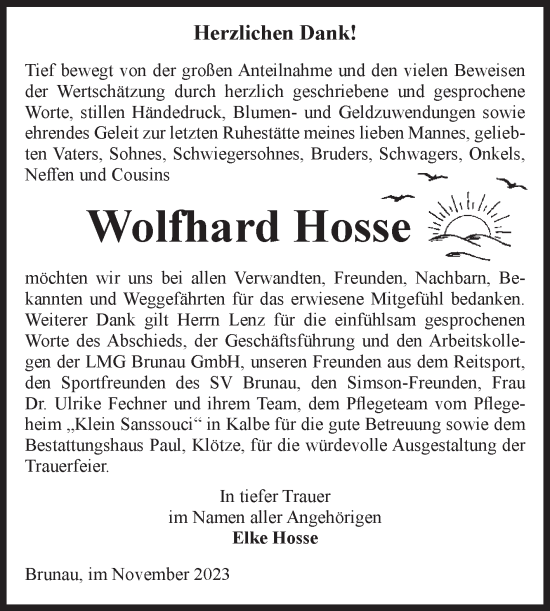 Traueranzeige von Wolfhard Hosse von Volksstimme Altmark West