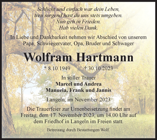 Traueranzeige von Wolfram Hartmann von Volksstimme Wernigerode