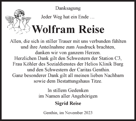 Traueranzeige von Wolfram Reise von Volksstimme Burg/Genthin
