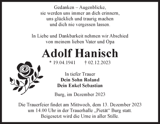 Traueranzeige von Adolf Hanisch von Volksstimme Burg/Genthin