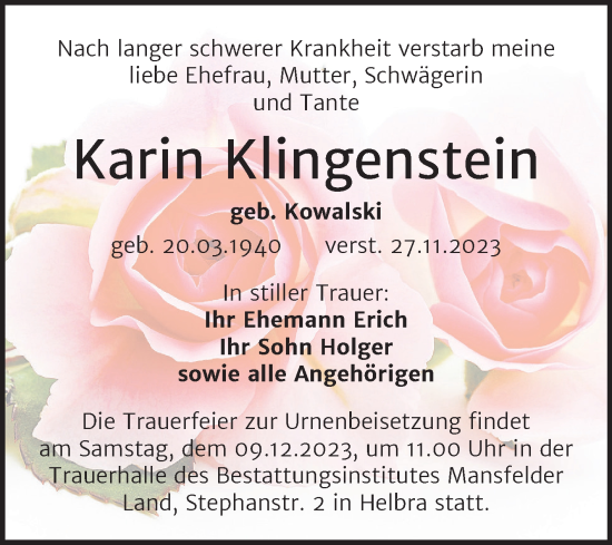 Traueranzeige von Karin Klingenstein von Trauerkombi Mansfelder Land