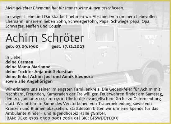 Traueranzeige von Achim Schröter von Trauerkombi Köthen