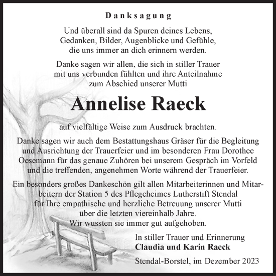 Traueranzeige von Annelise Raeck von Volksstimme Altmark Ost