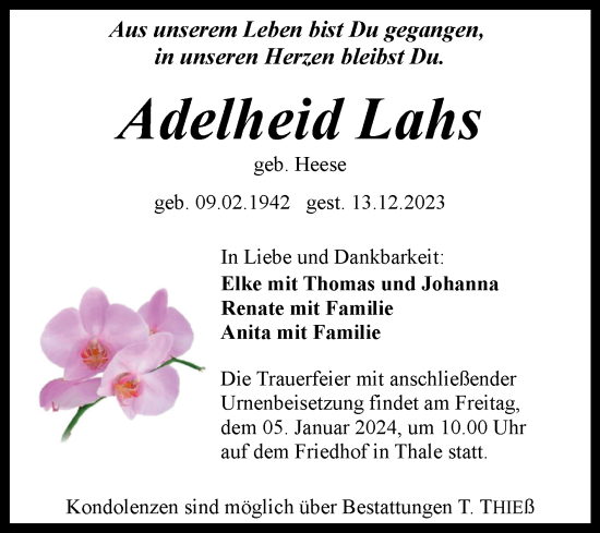 Traueranzeige von Adelheid Lahs von Trauerkombi Quedlinburg