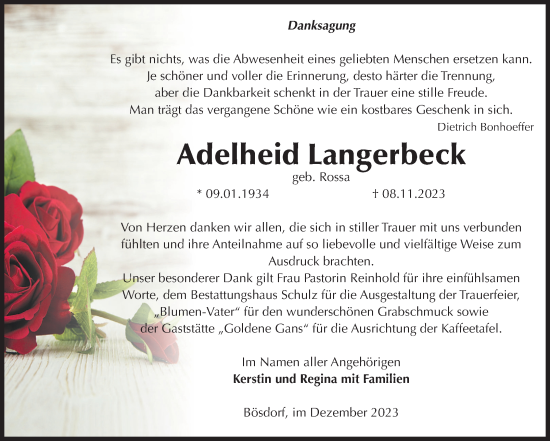Traueranzeige von Adelheid Langerbeck von Volksstimme Haldensleben/Wolmirstedt