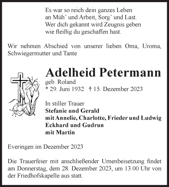 Traueranzeige von Adelheid Petermann von Volksstimme Haldensleben/Wolmirstedt