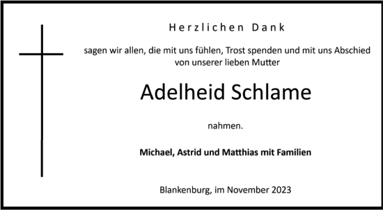 Traueranzeige von Adelheid Schlame von Volksstimme Oschersleben/Wanzleben
