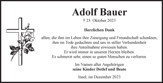 Traueranzeige von Adolf Bauer von Volksstimme Altmark Ost