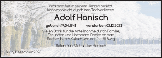 Traueranzeige von Adolf Hanisch von Volksstimme Burg/Genthin