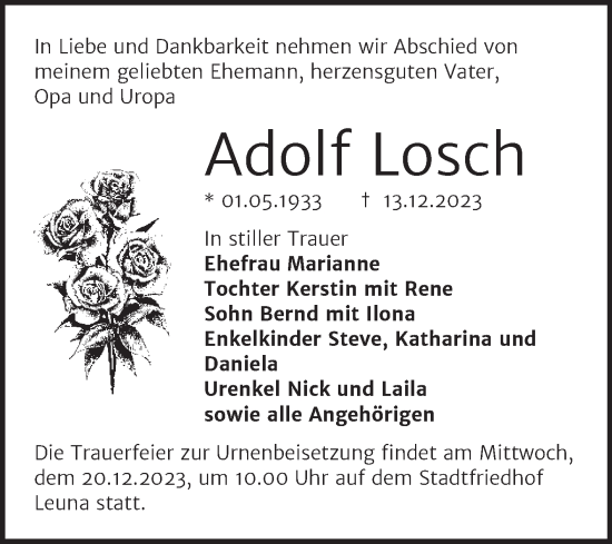 Traueranzeige von Adolf Losch von Trauerkombi Merseburg
