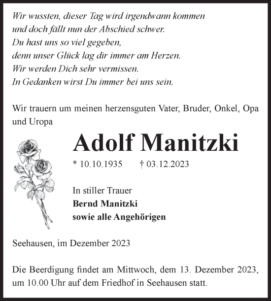 Traueranzeige von Adolf Manitzki von Volksstimme Altmark Ost