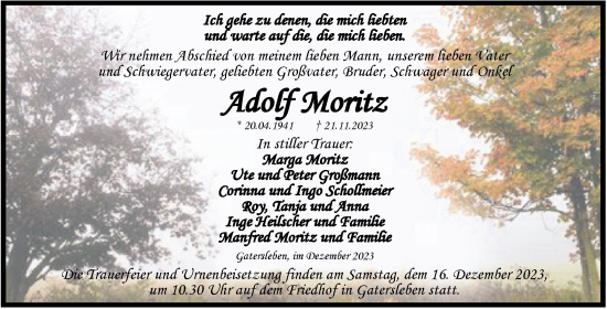Traueranzeige von Adolf Moritz von Trauerkombi Aschersleben