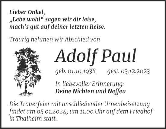 Traueranzeige von Adolf Paul von Trauerkombi Bitterfeld